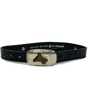 Nocona Tooled Leather Belt Children's Black Silver Studs Horse Buckle Western
